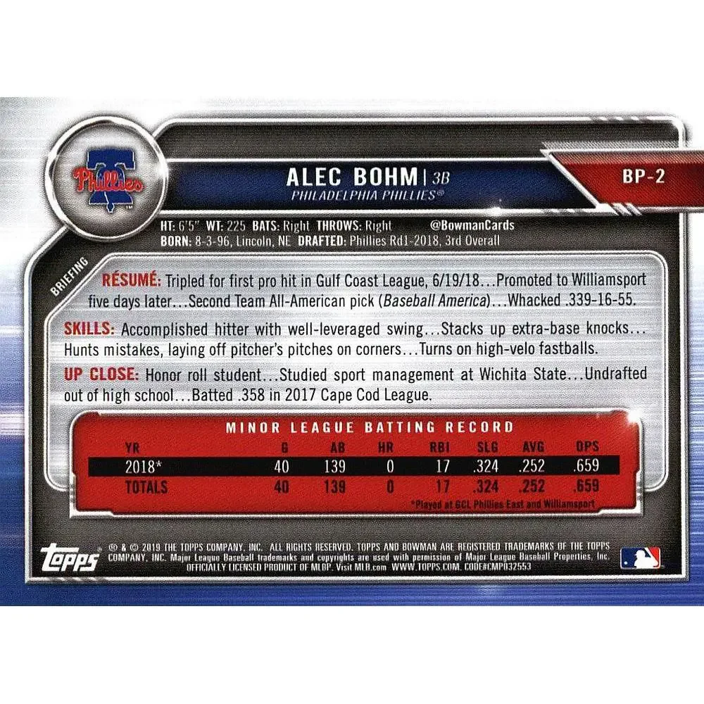 2019 Bowman Prospects Alec Bohm #BP-2 Philadelphia Phillies